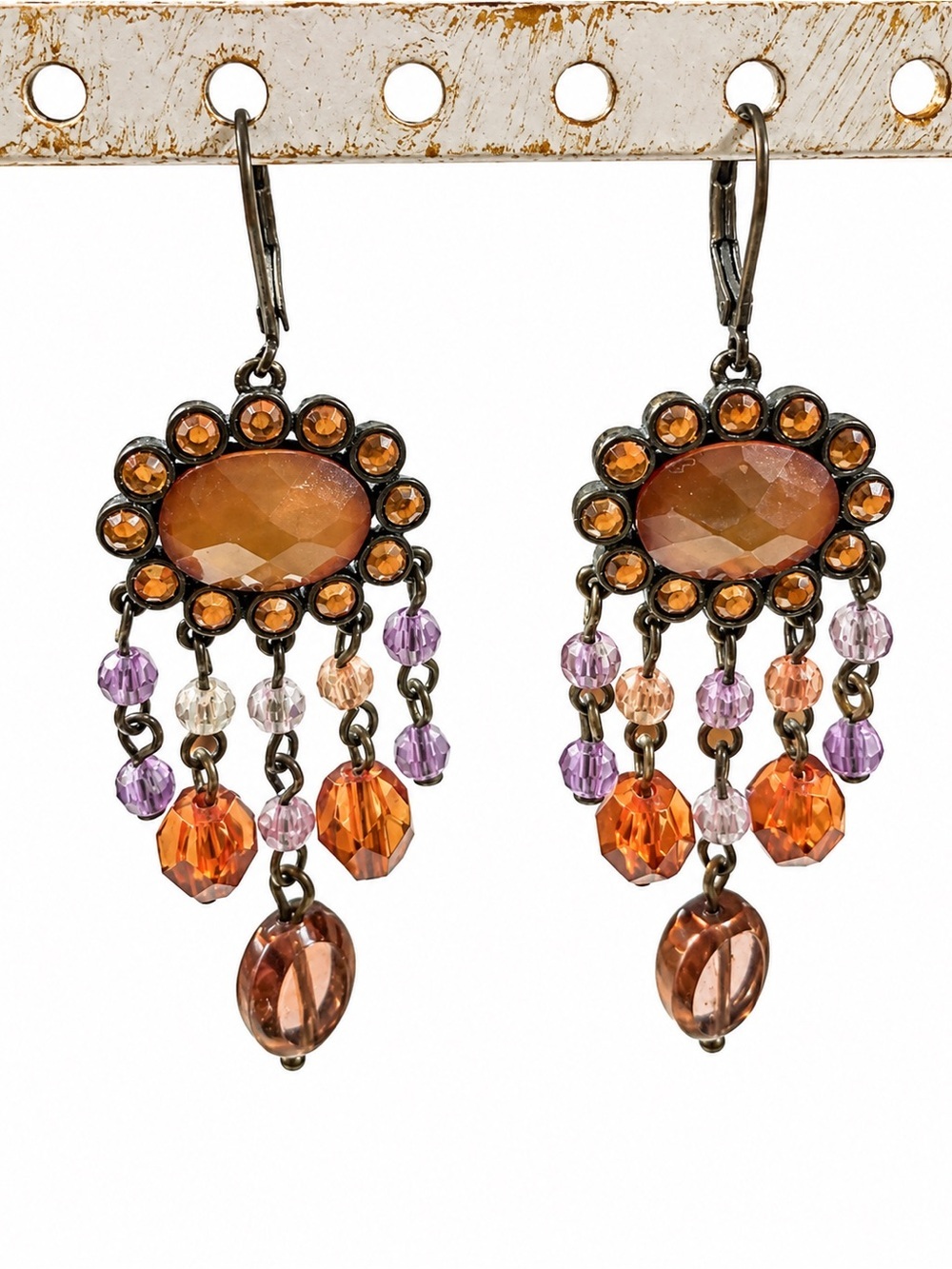 Vintage Boho Amber & Purple Crystal Chandelier Drop Earrings Bronze